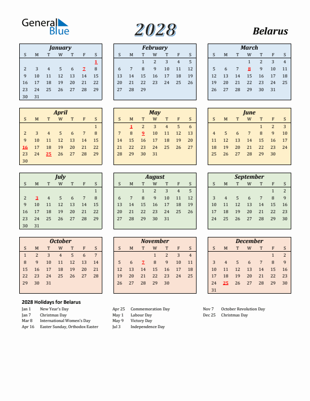 Belarus Calendar 2028 with Sunday Start
