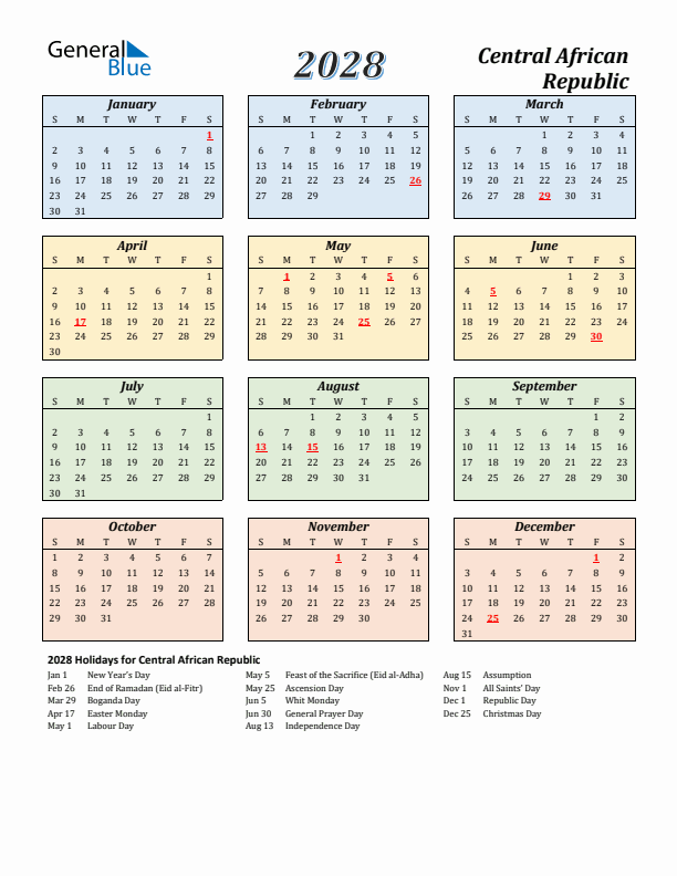 Central African Republic Calendar 2028 with Sunday Start