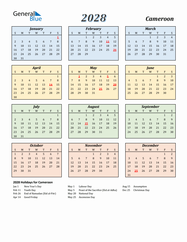 Cameroon Calendar 2028 with Sunday Start