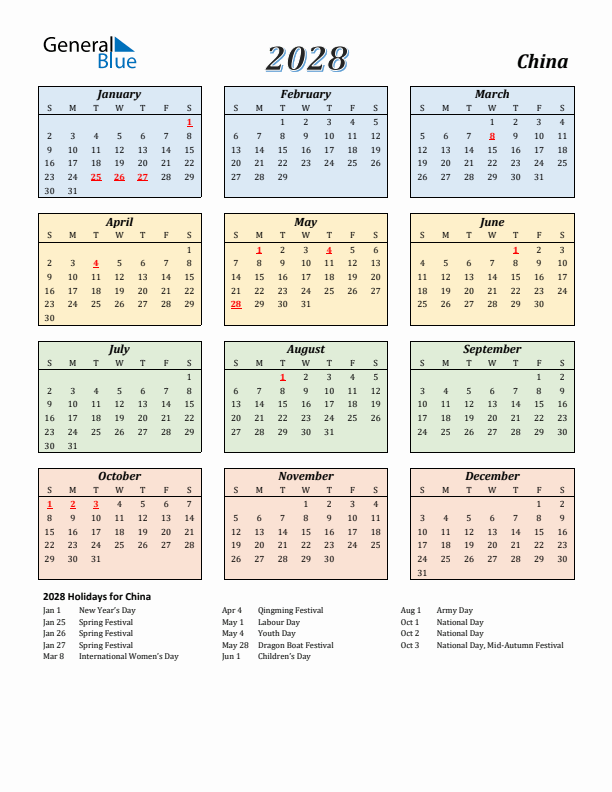 China Calendar 2028 with Sunday Start