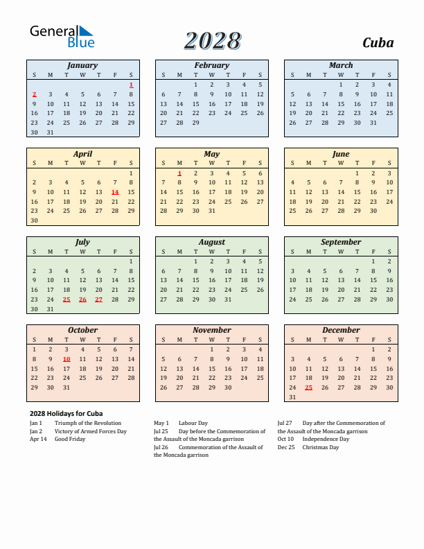 Cuba Calendar 2028 with Sunday Start