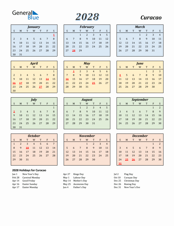 Curacao Calendar 2028 with Sunday Start