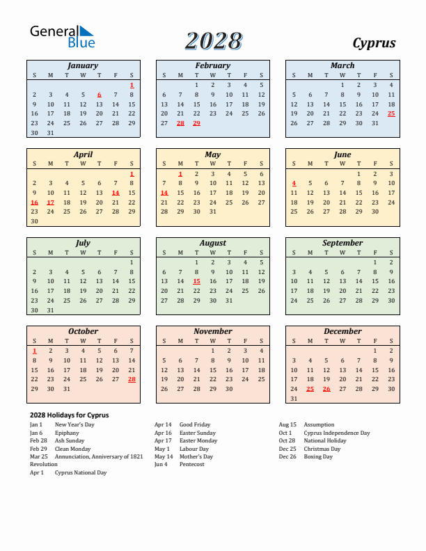 Cyprus Calendar 2028 with Sunday Start