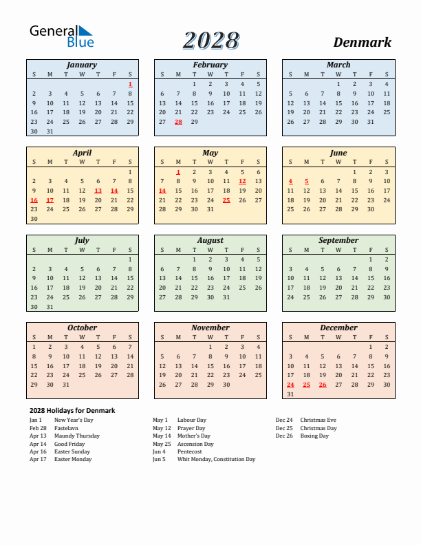 Denmark Calendar 2028 with Sunday Start