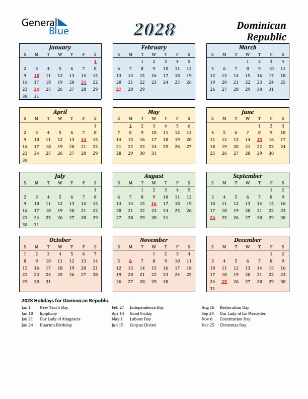 Dominican Republic Calendar 2028 with Sunday Start