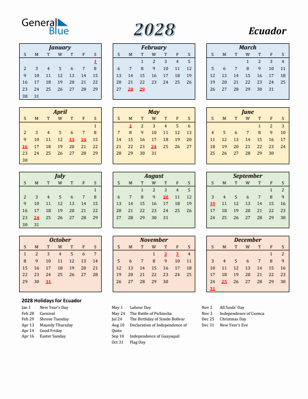 Ecuador Calendar 2028 with Sunday Start