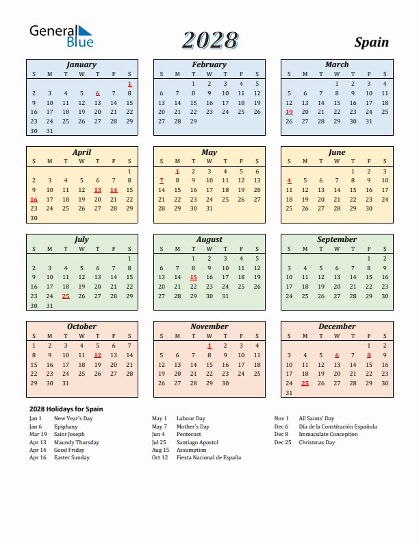 Spain Calendar 2028 with Sunday Start