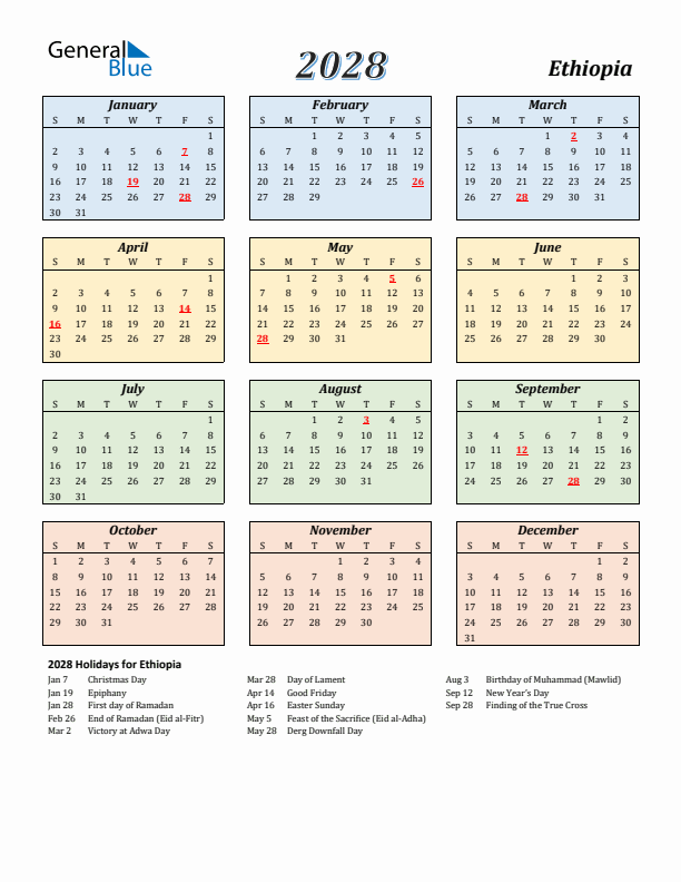 Ethiopia Calendar 2028 with Sunday Start