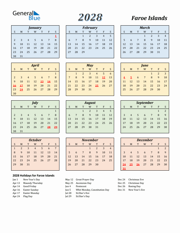 Faroe Islands Calendar 2028 with Sunday Start