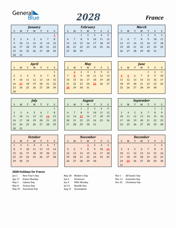 France Calendar 2028 with Sunday Start