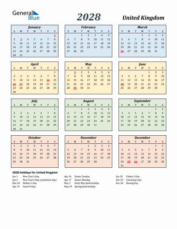United Kingdom Calendar 2028 with Sunday Start