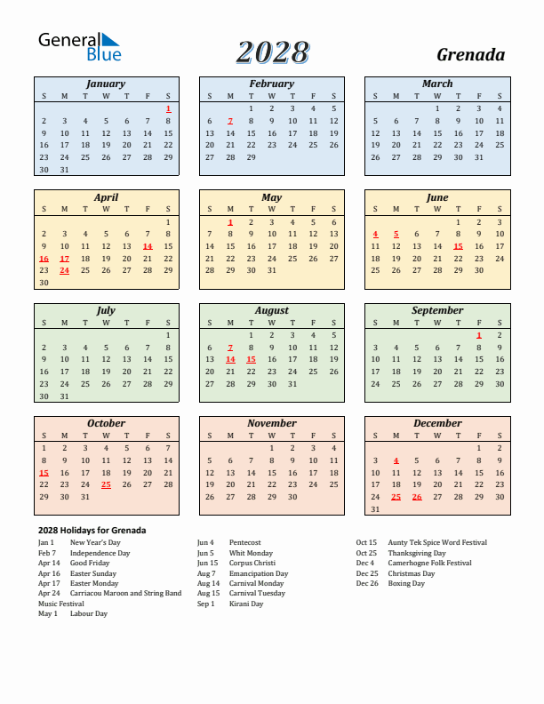Grenada Calendar 2028 with Sunday Start
