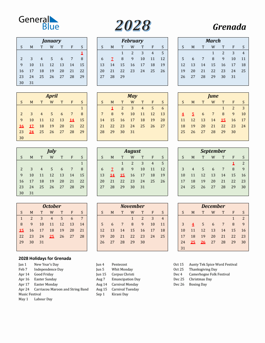 2028 Grenada Calendar With Sunday Start