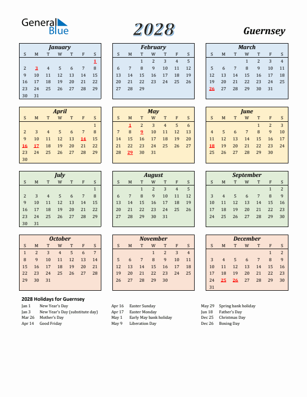 Guernsey Calendar 2028 with Sunday Start