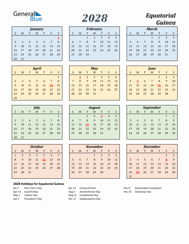 Equatorial Guinea Calendar 2028 with Sunday Start