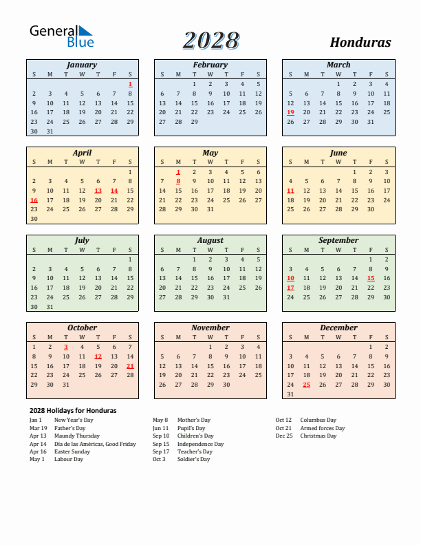 Honduras Calendar 2028 with Sunday Start