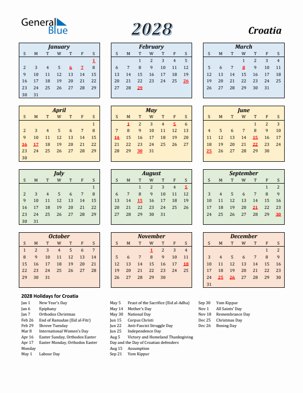 Croatia Calendar 2028 with Sunday Start