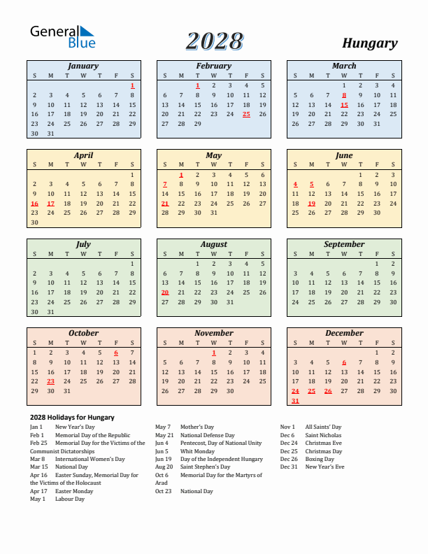 Hungary Calendar 2028 with Sunday Start