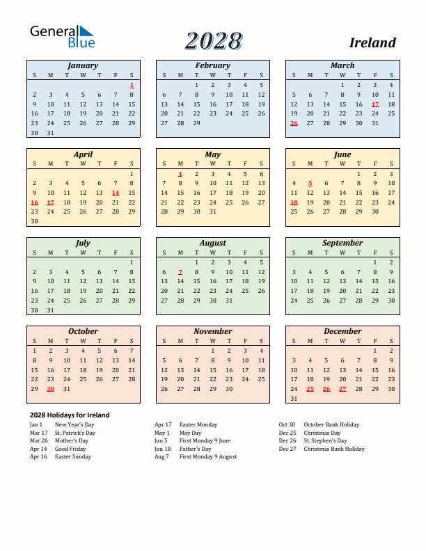 Ireland Calendar 2028 with Sunday Start