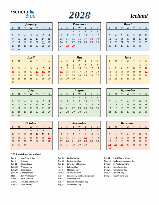 Iceland Calendar 2028 with Sunday Start