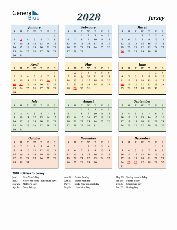 Jersey Calendar 2028 with Sunday Start