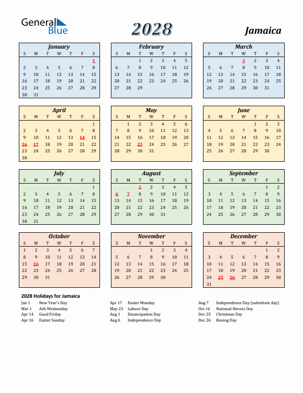 Jamaica Calendar 2028 with Sunday Start