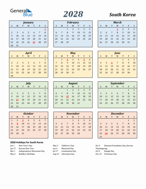 South Korea Calendar 2028 with Sunday Start