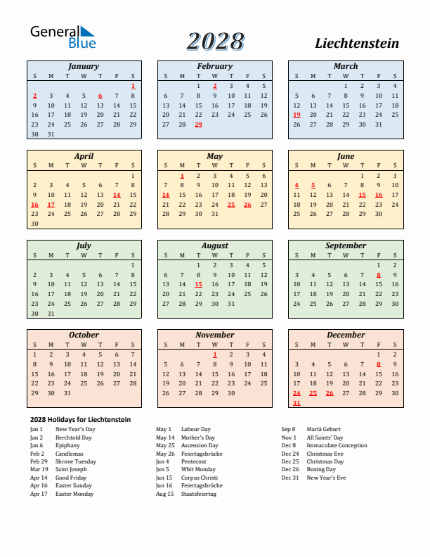 Liechtenstein Calendar 2028 with Sunday Start