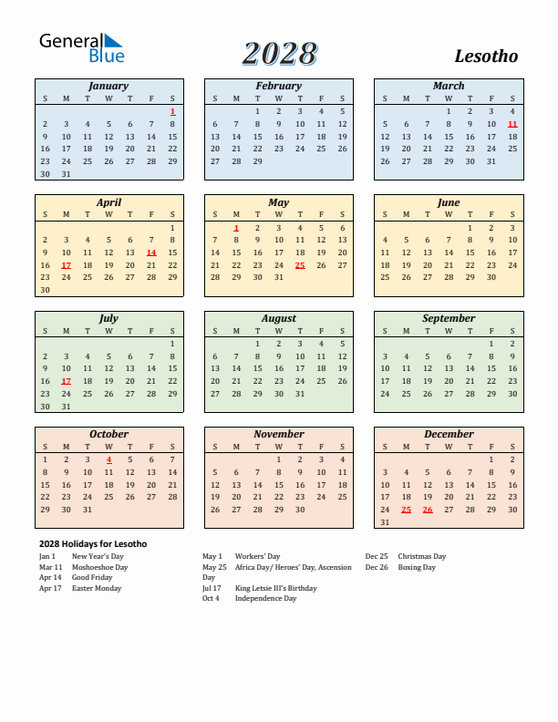 Lesotho Calendar 2028 with Sunday Start