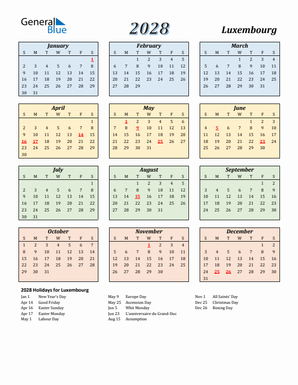 Luxembourg Calendar 2028 with Sunday Start