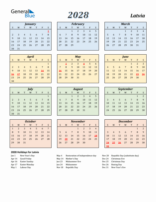 Latvia Calendar 2028 with Sunday Start