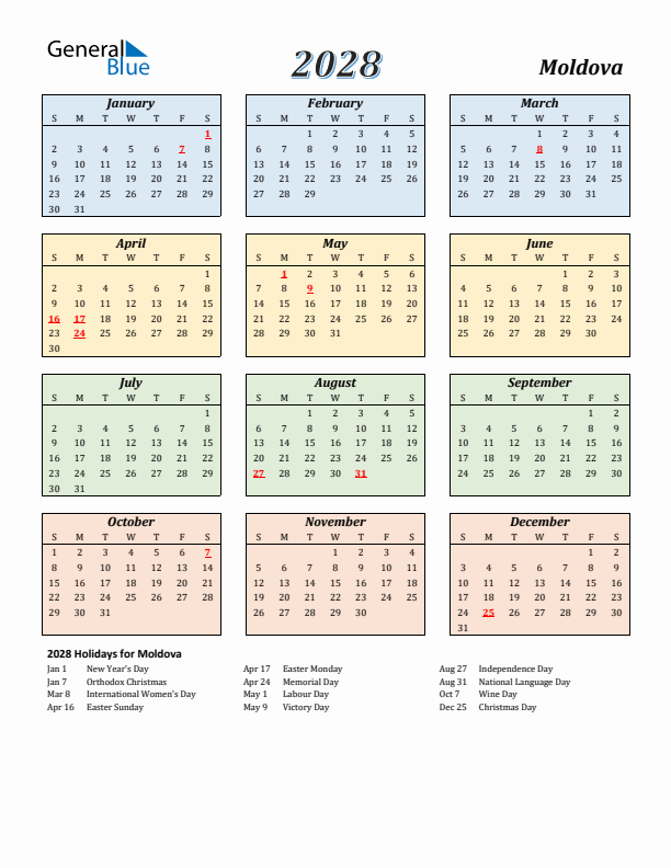 Moldova Calendar 2028 with Sunday Start
