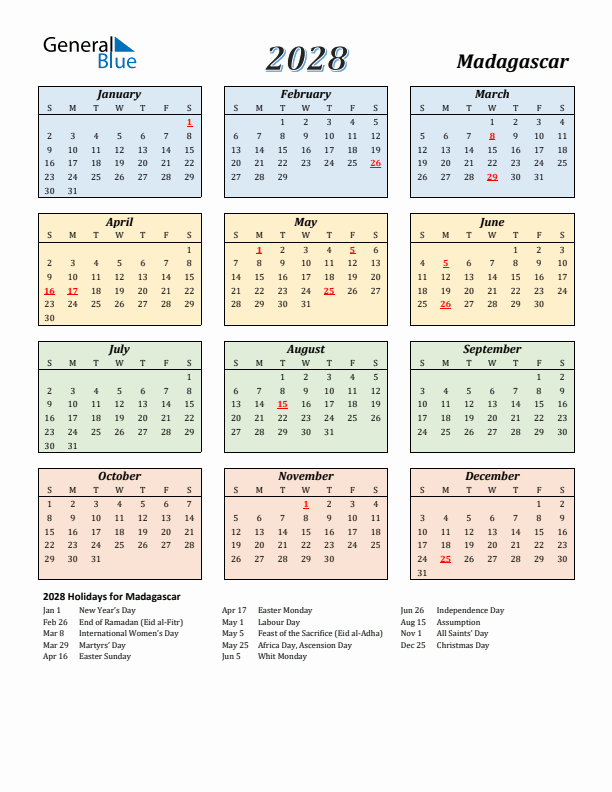 Madagascar Calendar 2028 with Sunday Start