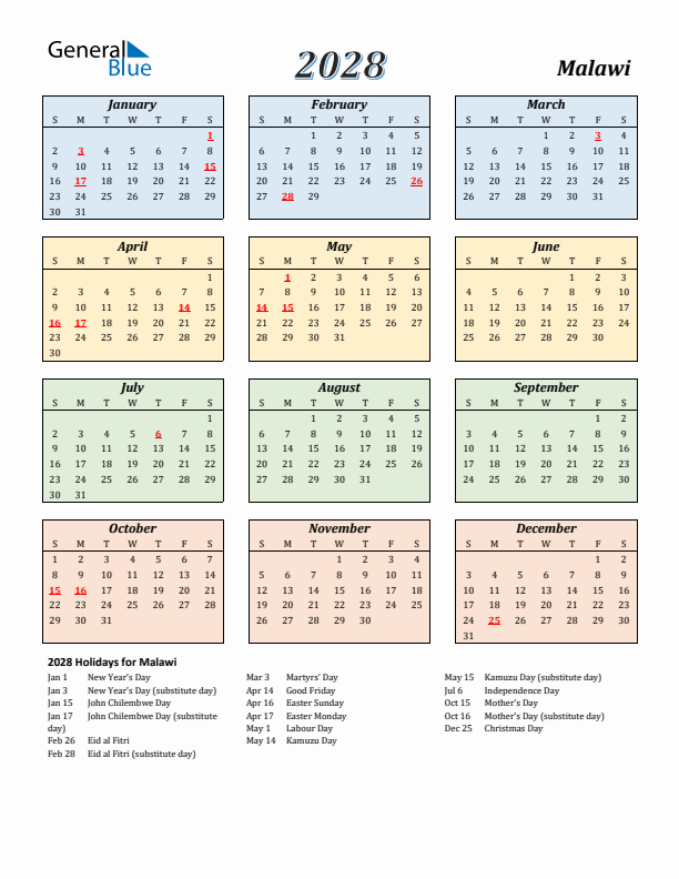 Malawi Calendar 2028 with Sunday Start