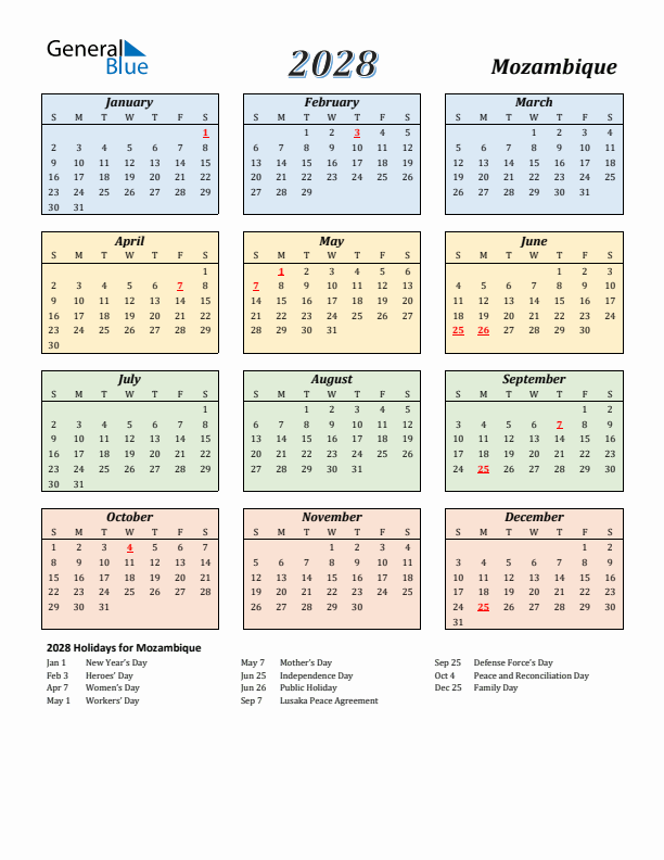 Mozambique Calendar 2028 with Sunday Start