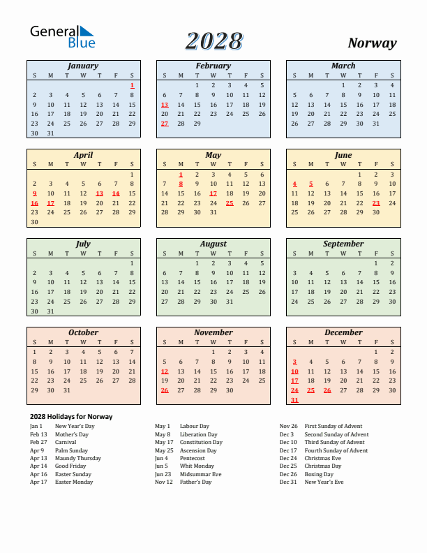 Norway Calendar 2028 with Sunday Start