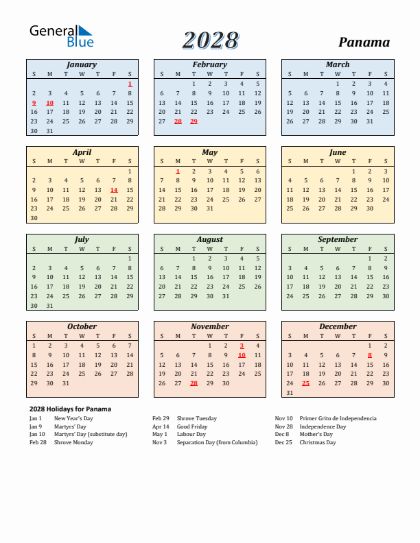 Panama Calendar 2028 with Sunday Start