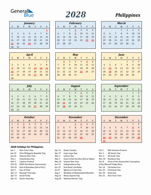Philippines Calendar 2028 with Sunday Start