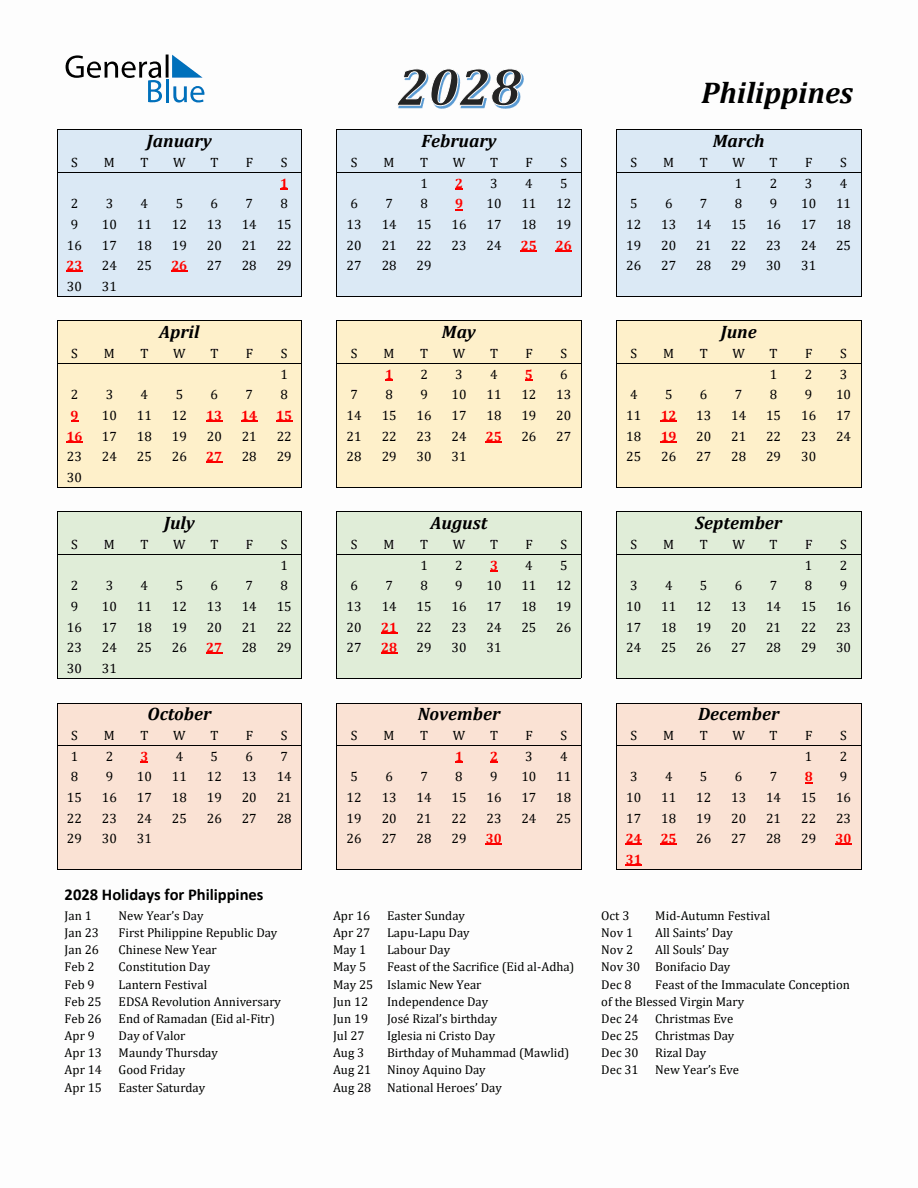 2028 Philippines Calendar with Sunday Start