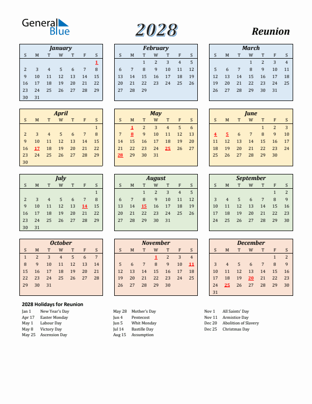 Reunion Calendar 2028 with Sunday Start