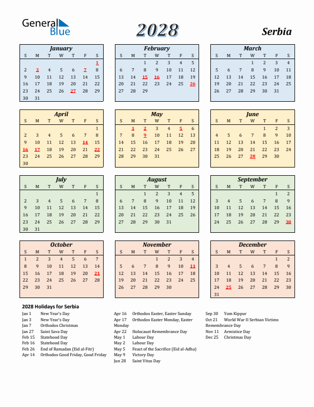 Serbia Calendar 2028 with Sunday Start