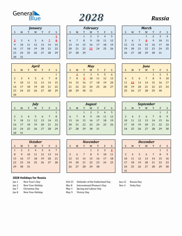 Russia Calendar 2028 with Sunday Start