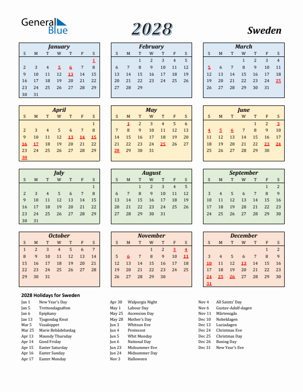 Sweden Calendar 2028 with Sunday Start