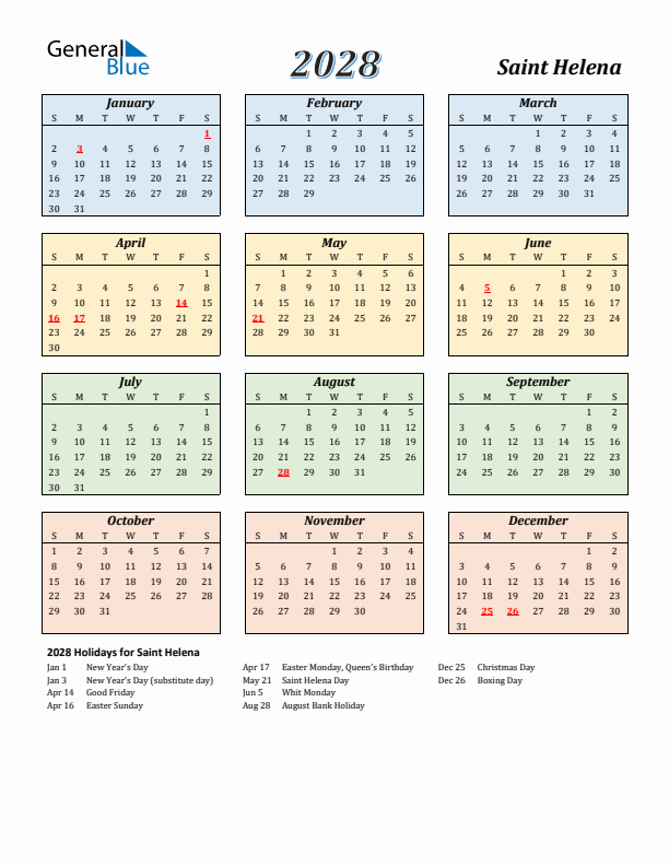 Saint Helena Calendar 2028 with Sunday Start