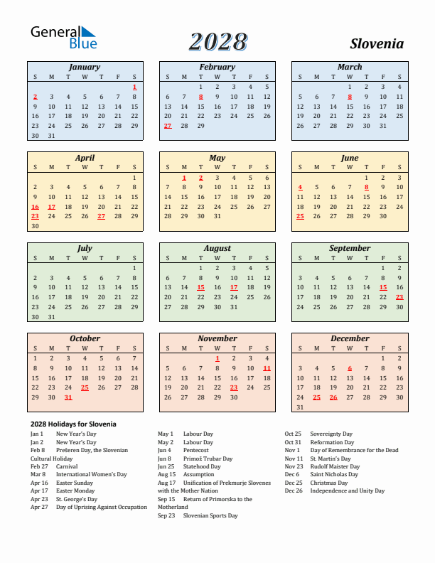 Slovenia Calendar 2028 with Sunday Start