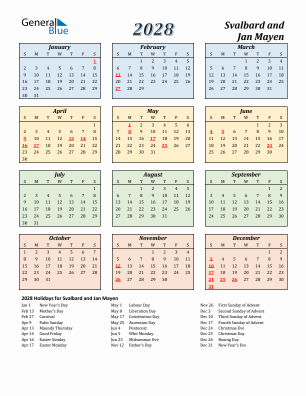 Svalbard and Jan Mayen Calendar 2028 with Sunday Start