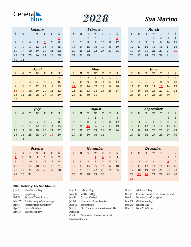 San Marino Calendar 2028 with Sunday Start