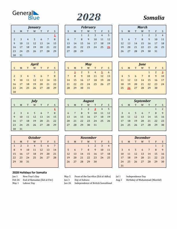 Somalia Calendar 2028 with Sunday Start