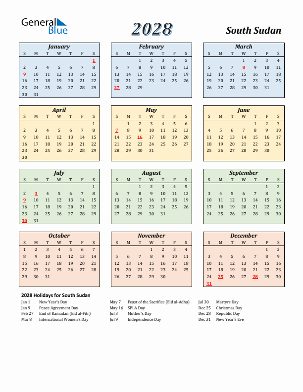South Sudan Calendar 2028 with Sunday Start
