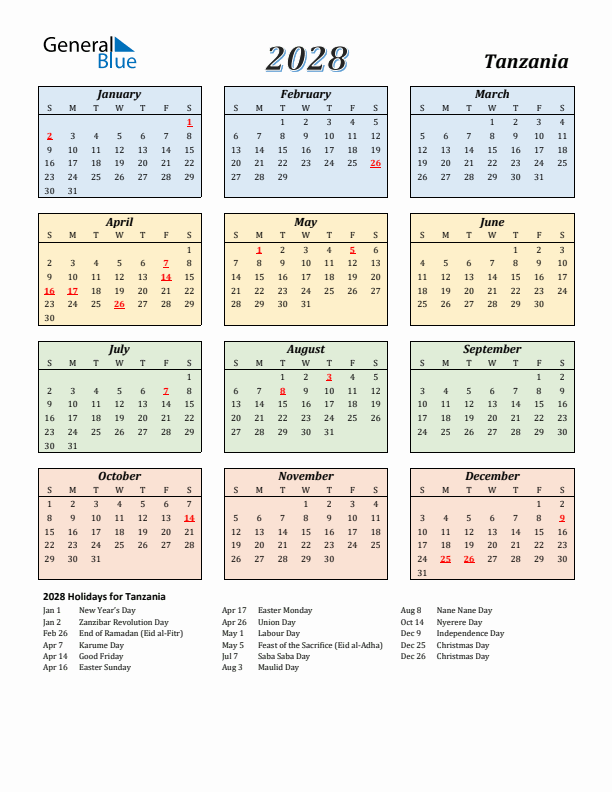 Tanzania Calendar 2028 with Sunday Start